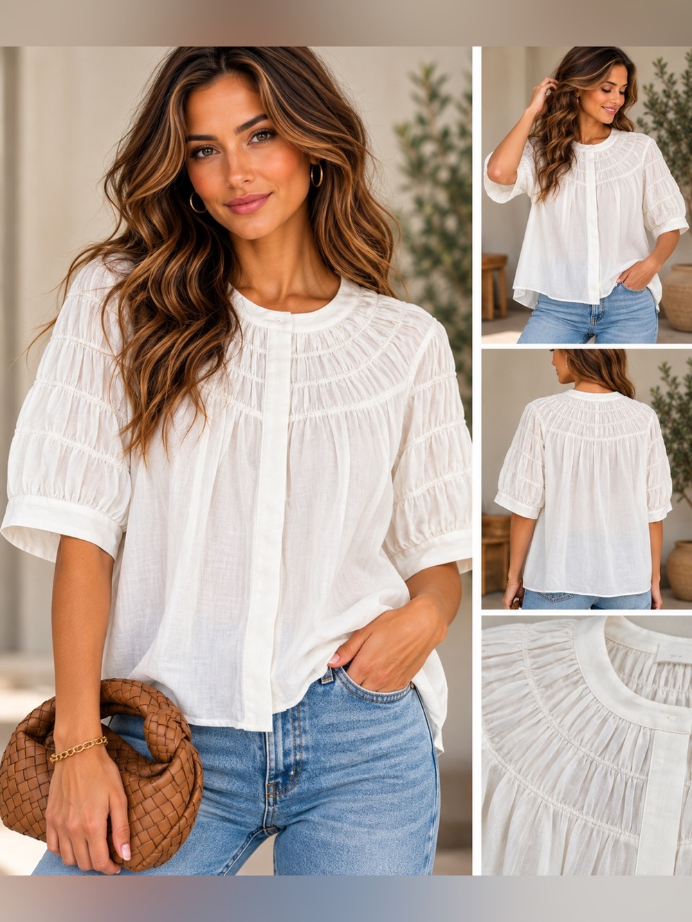 AYR White Cotton Silk Ruched Pleated Blouse Size M Puff Sleeve Quiet Luxury